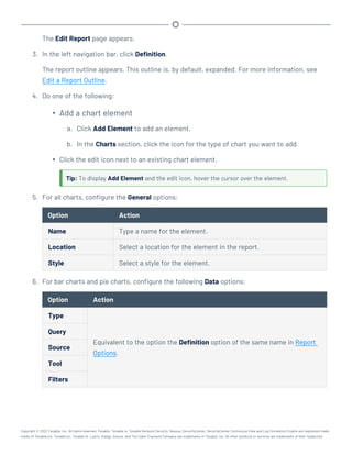 The Edit Report page appears.
3. In the left navigation bar, click Definition.
The report outline appears. This outline is, by default, expanded. For more information, see
Edit a Report Outline.
4. Do one of the following:
l
Add a chart element
a. Click Add Element to add an element.
b. In the Charts section, click the icon for the type of chart you want to add.
l Click the edit icon next to an existing chart element.
Tip: To display Add Element and the edit icon, hover the cursor over the element.
5. For all charts, configure the General options:
Option Action
Name Type a name for the element.
Location Select a location for the element in the report.
Style Select a style for the element.
6. For bar charts and pie charts, configure the following Data options:
Option Action
Type
Equivalent to the option the Definition option of the same name in Report
Options.
Query
Source
Tool
Filters
Copyright © 2022 Tenable, Inc. All rights reserved. Tenable, Tenable.io, Tenable Network Security, Nessus, SecurityCenter, SecurityCenter Continuous View and Log Correlation Engine are registered trade-
marks of Tenable,Inc. Tenable.sc, Tenable.ot, Lumin, Indegy, Assure, and The Cyber Exposure Company are trademarks of Tenable, Inc. All other products or services are trademarks of their respective
 