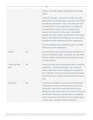policies, and other objects belonging to their organ-
ization.
A Security Manager is the account within an organ-
ization that has a broad range of security roles within
the defined organization. This is the initial user that
is created when a new organization is created and
has the ability to launch scans, configure users
(except for the Administrator user), vulnerability
policies, and other objects that belong to their organ-
ization. This initial Security Manager account cannot
be deleted without deleting the entire organization.
Security Managers have complete access to all data
collected by their organization.
Auditor Yes An account that can access summary information to
perform third party audits. An Auditor can view dash-
boards, reports, and logs, but cannot perform scans
or create tickets.
Credential Man-
ager
Yes An account that can be used specifically for handling
credentials. A Credential Manager can create and
share credentials without revealing the contents of
the credential. This can be used by someone outside
the security team to keep scanning credentials up to
date.
Executive Yes An account intended for users who are interested in
a high-level overview of their security posture and
risk profile. Executives would most likely browse
dashboards and review reports, but would not be con-
cerned with monitoring running scans or managing
users. Executives would also be able to assign tasks
to other users using the ticketing interface.
Copyright © 2022 Tenable, Inc. All rights reserved. Tenable, Tenable.io, Tenable Network Security, Nessus, SecurityCenter, SecurityCenter Continuous View and Log Correlation Engine are registered trade-
marks of Tenable,Inc. Tenable.sc, Tenable.ot, Lumin, Indegy, Assure, and The Cyber Exposure Company are trademarks of Tenable, Inc. All other products or services are trademarks of their respective
 