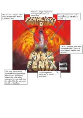 Fire shows danger and passion
showing that the cover has
action codes.
This also has a comedic value
as the phoenix in the shape of
a giant fiery penis
This cover represents the
comeback of tenacious d as a
phoenix rises from its own
ashes so the entire album
represents the come back from
the ashes. This also represents
the title of the album
Goes against the norm of the
usual phoenix as a bird but as
a penis
This also represents
masculinity as it shows a
males penis.
The text represents ruins as the
words look to have cracks in
so the phoenix is rising from
the ruins.
 