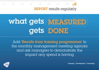 #1

#2

#3

#4

#5

#6

#7

#8

#9

REPORT results regularly

what gets measured
gets DONE
113.21mm

14.887mm

14.887mm

113.21mm

297mm

Add ‘Results from training programmes’ to
the monthly management meeting agenda
and ask managers to demonstrate the
impact any spend is having
Learning | Development | Consulting

 