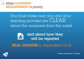 #1

Make learning
measurement a priority

You must make sure you and your
learning provider are clear
about the measures from the outset
and about how they
will be reported
REAL CHANGE is dependent on it!
Learning | Development | Consulting

 