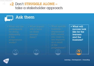 #1

#2

Don’t STRUGGLE ALONE –
take a stakeholder approach

Ask them
•	What will the
participants
be doing
differently
if this
programme
works?

•	What impact
will it have
on those
around
them?

•	What specific
business /
department
KPI’s would
you want to
see improve
as a result
of the
programme?

•	What will
success look
like for the
learners
and the
business?

Learning | Development | Consulting

 