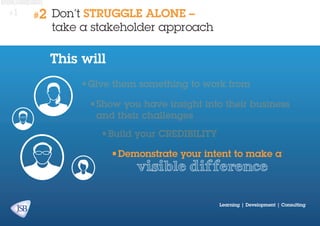 #1

#2

Don’t STRUGGLE ALONE –
take a stakeholder approach

This will
•	 ive them something to work from
G
•	 how you have insight into their business
S
and their challenges
•	 uild your credibility
B
•	 emonstrate your intent to make a
D

visible difference

Learning | Development | Consulting

 