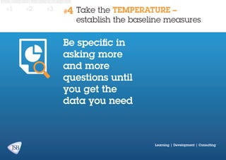 #1

#2

#3

#4

take the TEMPERATURE –
establish the baseline measures

Be specific in
asking more
and more
questions until
you get the
data you need

Learning | Development | Consulting

 