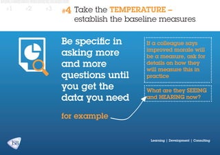 #1

#2

#3

#4

take the TEMPERATURE –
establish the baseline measures

Be specific in
asking more
and more
questions until
you get the
data you need

If a colleague says
improved morale will
be a measure, ask for
details on how they
will measure this in
practice
What are they SEEING
and HEARING now?

for example
Learning | Development | Consulting

 