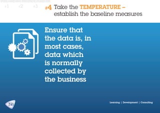 #1

#2

#3

#4

take the TEMPERATURE –
establish the baseline measures

Ensure that
the data is, in
most cases,
data which
is normally
collected by
the business

Learning | Development | Consulting

 