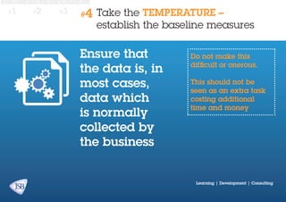 #1

#2

#3

#4

take the TEMPERATURE –
establish the baseline measures

Ensure that
the data is, in
most cases,
data which
is normally
collected by
the business

Do not make this
difficult or onerous.
This should not be
seen as an extra task
costing additional
time and money

Learning | Development | Consulting

 