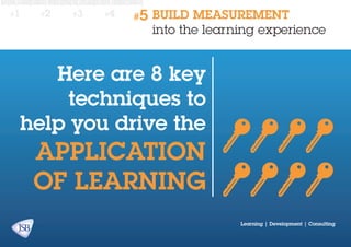#1

#2

#3

#4

#5

BUILD MEASUREMENT
into the learning experience

Here are 8 key
techniques to
help you drive the

application
of learning

Learning | Development | Consulting

 