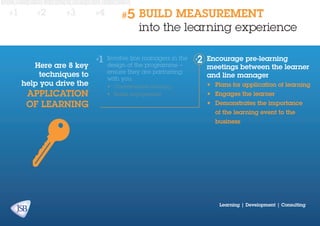 #1

#2

#3

Here are 8 key
techniques to
help you drive the

application
of learning

#4

#5

BUILD MEASUREMENT
into the learning experience

Involve line managers in the
design of the programme –
ensure they are partnering
with you

Encourage pre-learning
meetings between the learner
and line manager

•	 Contextualises learning

•	 Plans for application of learning

•	 Builds engagement

•	 Engages the learner
•	 Demonstrates the importance
of the learning event to the
business

Learning | Development | Consulting

 