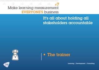 #1

#2

#3

#4

#5

#6

#7

Make learning measurement
EVERYONE’S business

It’s all about holding all
stakeholders accountable

•	The trainer
Learning | Development | Consulting

 