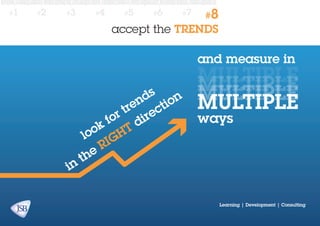 #1

#2

#3

#4

#5

#6

#7

#8

accept the TRENDS

and measure in

in

ds on
en cti
tr
or dire
f
ok ht
lo ig
r
he
t

MULTIPLE
MULTIPLE
MULTIPLE
MULTIPLE
ways

Learning | Development | Consulting

 