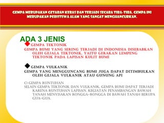 Gempa merupakan getaran keras dan terjadi secara tiba-tiba. Gempa ini
      merupakan peristiwa alam yang sangat menghancurkan.




   ADA 3 JENIS
      gempA tektonik
     gempA bumi yAng sering terjAdi di indonesiA disebAbkAn
        oleh gejAlA tektonik, yAitu gerAkAn lempeng
        tektonik pAdA lApisAn kulit bumi


      gempA vulkAnik
     gempA yAng mengguncAng bumi jugA dApAt ditimbulkAn
        oleh gejAlA vulkAnik AtAu gunung Api

     c) gempA runtuhAn
     selAin gempA tektonik dAn vulkAnik, gempA bumi dApAt terjAdi
          kArenA runtuhAn lApisAn. kegiAtAn penAmbAngAn bAwAh
          tAnAh menyisAkAn ronggA-ronggA di bAwAh tAnAh berupA
          guA-guA.
 