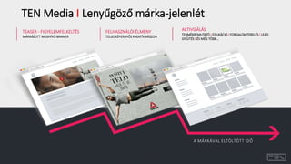 TEN Media I Lenyűgöző márka-jelenlét
TEASER - FIGYELEMFELKELTÉS
MÁRKÁZOTT MEGHÍVÓ BANNER
FELHASZNÁLÓI ÉLMÉNY
TELJESKÉPERNYŐS KREATÍV VÁSZON
AKTIVIZÁLÁS
TERMÉKBEMUTATÓ I EDUKÁCIÓ I FORGALOMTERELÉS I LEAD
GYŰJTÉS I ÉS MÉG TÖBB…
A MÁRKÁVAL ELTÖLTÖTT IDŐ
 