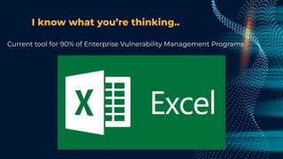 I know what you’re thinking..
Current tool for 90% of Enterprise Vulnerability Management Programs
 