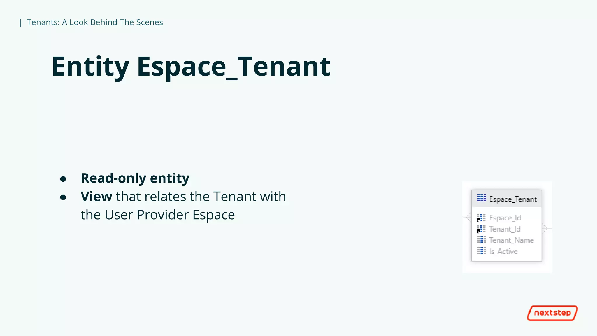 | Tenants: A Look Behind The Scenes
Entity Espace_Tenant
● Read-only entity
● View that relates the Tenant with
the User Provider Espace
 