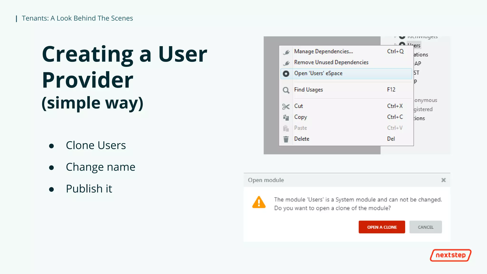 | Tenants: A Look Behind The Scenes
Creating a User
Provider
(simple way)
● Clone Users
● Change name
● Publish it
 