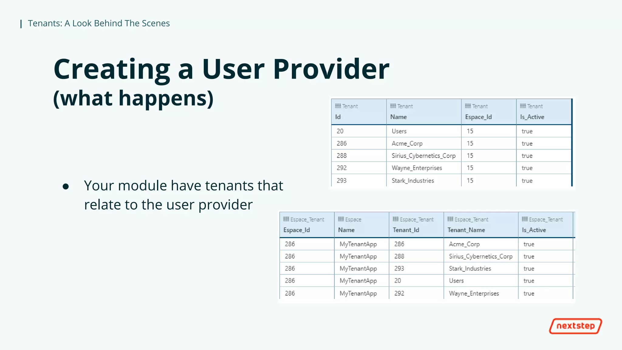 | Tenants: A Look Behind The Scenes
Creating a User Provider
(what happens)
● Your module have tenants that
relate to the user provider
 