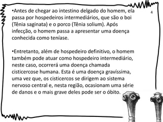 •Antes de chegar ao intestino delgado do homem, ela 
passa por hospedeiros intermediários, que são o boi 
(Tênia saginata) e o porco (Tênia solium). Após 
infecção, o homem passa a apresentar uma doença 
conhecida como teníase. 
•Entretanto, além de hospedeiro definitivo, o homem 
também pode atuar como hospedeiro intermediário, 
neste caso, ocorrerá uma doença chamada 
cisticercose humana. Esta é uma doença gravíssima, 
uma vez que, os cisticercos se dirigem ao sistema 
nervoso central e, nesta região, ocasionam uma série 
de danos e o mais grave deles pode ser o óbito. 
4 
 