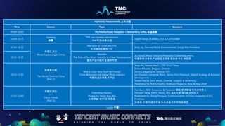 MORNING PROGRAMME 上午日程
Time Session Topic Speakers
09:00-10:00 VIP/Media/Guest Reception + Networking coffee 欢迎茶歇
10:00-10:15
Opening
开幕
TMC and Speaker Introduction
TMC和演讲者介绍
Jasper Donat, Branded, CEO & Co-Founder
10:15-10:25
中国正发生
Whats happening in China
Welcome to China and TMC
欢迎来到中国和 TMC
Andy Ng, Tencent Music Entertainment, Group Vice President
10:25-10:35
Keynote
The Role of the Music Industry in Urban Development
音乐产业对城市发展的作用
Xu Hongli, Music Industry Promotion Committee (MIPC)
中国音数协音乐产业促进工作委员会秘书长 徐宏莉
10:35-11:35
世界看中国
（一）
The World Turns to China
(Part 1)
"With a Little Help from my Friends"
China Welcomes the Global Music Industry
中国欢迎全球音乐产业
Andy Ma, Warner Music, COO Great China
Simon Wheeler, Beggars, Director
Denis Ladegaillerie, Believe, CEO
Jon Dworkin, Universal Music, Senior Vice President, Digital Strategy & Business
Development
Shawn Paltiel, Sony Music, Director, Insights & Marketing
Moderated by: Rob Schwartz, Billboard Magazine, Asia Bureau Chief
11:35-12:00
中国正潮流
（一）
China Trends
(Part 1)
Publishing Matters:
Producing Songs that Win
出版事宜：制作冠 军歌曲
Tan Xuan, OST, Composer & Producer 谭旋 影视剧音乐知名制作人
Michael Tseng, AMPai Music, CEO 曾志中安谱AI音乐创始人
Moderated by: Zhang Fengyan, Communication of China University (CUC),
Professor
张丰艳-中国传媒大学音乐与录音艺术学院副教授
Lunch 午餐
 