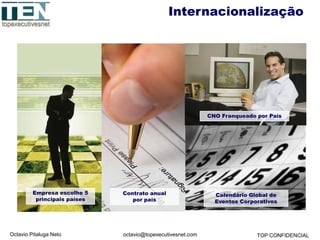 Octavio Pitaluga Neto TOP CONFIDENCIALoctavio@topexecutivesnet.com
Internacionalização
Contrato anual
por país
Empresa escolhe 5
principais países
CNO Franqueado por País
Calendário Global de
Eventos Corporativos
 