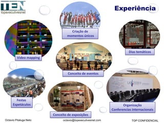 Octavio Pitaluga Neto TOP CONFIDENCIALoctavio@topexecutivesnet.com
Video mapping
Criação de
momentos únicos
Conceito de exposições
Organização
Conferencias internacionais
Dias temáticos
Festas
Espetáculos
Conceito de eventos
Experiência
 