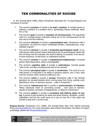Handout created by Unified Community Solutions. Updated 06/05/2015.
Reprint for non-commercial use only: Please include UCS logo and original source credit.
Download free at bit.ly/10common. Contact UCS at bit.ly/homeucs.
TEN COMMONALITIES OF SUICIDE
In The Suicidal Mind (1996), Edwin Shneidman describes the "10 psychological com-
monalities of suicide":
1. The common purpose of suicide is to seek a solution: A suicidal person is
seeking a solution to a problem that is "generating intense suffering" within
him or her.
2. The common goal of suicide is cessation of consciousness: The anguished
mind of a suicidal person interprets ending his or her consciousness as the
only way to end the suffering.
3. The common stimulus of suicide is psychological pain: Shneidman calls it
"psychache," by which he means "intolerable emotion, unbearable pain, unac-
ceptable anguish."
4. The common stressor in suicide is frustrated psychological needs: A sui-
cidal person feels pushed toward self-destruction by psychological needs that
are not being met (for example, the need to belong, to succeed, to be secure,
to have autonomy, to feel loved, to understand events).
5. The common emotion in suicide is hopelessness-helplessness: A suicidal
person feels despondent, utterly unsalvageable.
6. The common cognitive state of suicide is ambivalence: Suicidal people
"wish to die, and they simultaneously wish to be rescued."
7. The common perceptual state in suicide is constriction: The mind of a sui-
cidal person is constricted in its ability to perceive options, and, in fact, sees
only two choices: either continue suffering or die.
8. The common action in suicide is escape: Shneidman calls it "the ultimate
egression [or escape] besides which running away from home, quitting a job,
deserting an army, or leaving a spouse ... pale in comparison."
9. The common interpersonal act in suicide is communication of intention:
"Many individuals intent on committing suicide ... emit clues of intention,
signals of distress, whimpers of helplessness, or pleas for intervention."
10. The common pattern in suicide is consistent with lifelong styles of cop-
ing: A person's past tendency for black-and-white thinking, escapism, control,
capitulation and the like could serve as a clue to how he or she might use
suicide to deal with a current crisis.
Original Source: Shneidman, E.S. (1996). The Suicidal Mind. New York: Oxford University
Press (bit.ly/suicidalmind). For more information about Edwin Shneidman, the father of modern
suicidology, please see bit.ly/shneidmanobit.
 