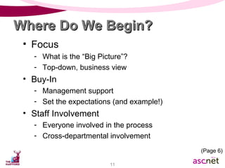 Focus What is the “Big Picture”? Top-down, business view Buy-In Management support  Set the expectations (and example!) Staff Involvement Everyone involved in the process Cross-departmental involvement Where Do We Begin? (Page 6) 
