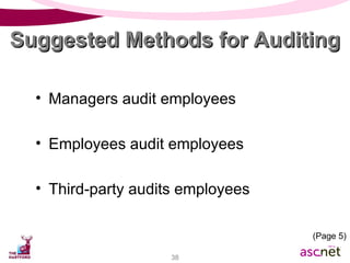 Managers audit employees Employees audit employees Third-party audits employees Suggested Methods for Auditing (Page 5) 