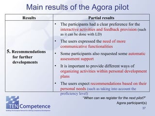 Main results of the Agora pilot “ When can we register for the next pilot? ”  Agora participant(s) The participants had a clear preference for the  interactive activities and feedback provision  (such as it can be done with LD) The users expressed the  need of more communicative functionalities Some participants also requested some  automatic assessment support It is important to provide different ways of  organizing activities within personal development plans The users expect  recommendations based on their personal needs   (such as taking into account the proficiency level) 5.  Recommendations for further developments Partial results Results 