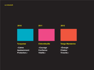 LA COULEUR




             2010           2011            2012




             Turquoise      Chèvrefeuille   Tango Mandarine

             «Calme         «Courage        «Énergie
             Apaisemment    Confiance       Chaleur
             Protection.»   Vitalité.»      Vivacité.»
 