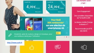 Simplicité, aplat de couleurs, design en mosaïque, pour
une meilleure clarté pour l’utilisateur
Test pourjhhj
http://www.sosh.fr
 