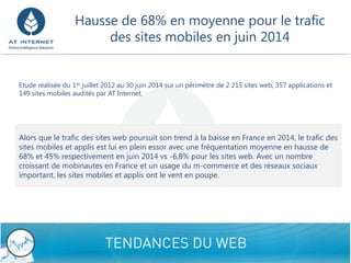 Hausse de 68% en moyenne pour le trafic des sites mobiles en juin 2014 
9/8/2014 Confidential - Do not disclose 2 
Etude réalisée du 1erjuillet 2012 au 30 juin 2014 sur un périmètre de2 215 sites web, 357 applications et 149 sites mobiles audités par AT Internet. 
Alors que le trafic des sites web poursuit son trend à la baisse en France en 2014, le trafic des sites mobiles et applis est lui en plein essor avec une fréquentation moyenne en hausse de 68% et 45% respectivement en juin 2014 vs -6,8% pour les sites web. Avec un nombre croissant de mobinautes en France et un usage du m-commerce et des réseaux sociaux important, les sites mobiles et applis ont le vent en poupe.  
