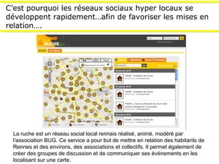 C’est pourquoi les réseaux sociaux hyper locaux se développent rapidement…afin de favoriser les mises en relation…. La ruche est un réseau social local rennais réalisé, animé, modéré par l'association BUG. Ce service a pour but de mettre en relation des habitants de Rennes et des environs, des associations et collectifs. Il permet également de créer des groupes de discussion et de communiquer ses événements en les localisant sur une carte. 
