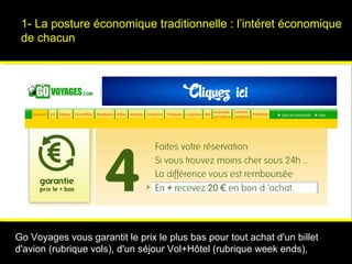 1- La posture économique traditionnelle : l’intéret économique de chacun Psychologies magazine   Go Voyages vous garantit le prix le plus bas pour tout achat d'un billet d'avion (rubrique vols), d'un séjour Vol+Hôtel (rubrique week ends), 
