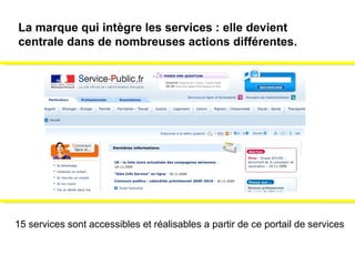 15 services sont accessibles et réalisables a partir de ce portail de services La marque qui intègre les services : elle devient centrale dans de nombreuses actions différentes. 