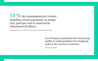 73 % des consommateurs veulent
bénéficier d'une assistance en temps
réel, quel que soit le canal qu'ils
choisissent d'utiliser.
La Grande Enquête « Le défi du service client omni-canal » Décembre 2013
Les Français souhaitent être davantage
guidés et aidés pendant leur shopping,
grâce à des services connectés.
Décembre 2014 Ipsos
 