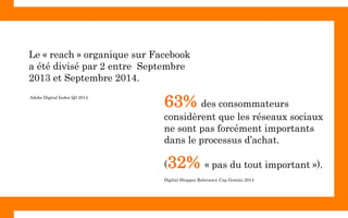  
63% des consommateurs
considèrent que les réseaux sociaux
ne sont pas forcément importants
dans le processus d’achat.
(32% « pas du tout important »).
Digital Shopper Relevancy Cap Gemini 2014
Le « reach » organique sur Facebook
a été divisé par 2 entre Septembre
2013 et Septembre 2014.
Adobe Digital Index Q3 2014
 