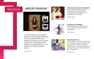 EXEMPLES
	
  
Le mannequin a créé sa propre
ligne de sous-vêtements féminins
et sexy de grande taille. Les
modèles, les tissus et la structure
des dessous sont parfaitement
adaptés aux morphologies et aux
besoins des femmes grandes
tailles.
http://www.ashleygraham.com/
ASHLEY GRAHAM :  MON MARIAGE GAY ET LESBIEN :
Cette agence d’évènementiel est
spécialisée exclusivement dans
l’organisation de réceptions et de
mariages gays et lesbiens.
http://www.mon-mariage-gay.com/
CHRYSALIS LINGERIE :
Cette ligne de sous-vêtements a été
crée exclusivement pour femmes
transgenres.
http://www.chrysalislingerie.com/
BOUTIQUEVEGAN :
Le site propose une très large sélection
de cosmétiques, soins du corps, soins
pour animaux, aliments, mobilier,
décoration etc… Les consommateurs
vegan peuvent ainsi vivre pleinement
leurs convictions.
http://www.boutique-vegan.com/
 