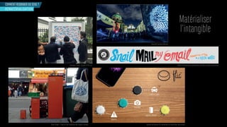 Collectif de bénévoles transformant les mails en lettres manuscrites
Dispositif lumineux Murmur
Système de boutons Flic permettant de matérialiser des actionsStreet Graphs - Projet de Data exploitant des supports urbains
Campagne Thalys “Sounds of the City”
Matérialiser
l’intangible
COMMENT REDONNER DU SENS ?
REMATÉRIALISATION
 