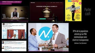 COMMENT (RE)GAGNER LA CONFIANCE ?
Parler
cash
TRANSPARENCE
Campagne prévention routière - Suisse
Compte personnel twitter - Barack Obama
Nordnet banking - Suède
Campagne ACIPA - isolement des personnes agées
81%delapopulation
attendqu’unPDG
communiqueavec
clartéettransparence
EdelmannTrustBarometer
 