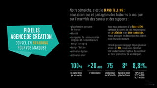 PIXELIS
AGENCE DE CRÉATION,
CONSEIL EN BRANDING
POUR VOS MARQUES
plateforme et territoire
de marque
Identité
campagnes de communication
corporate et consommateurs
design packaging
design d’édition
activation digitale
activation retail
Notre démarche, c’est le BRAND TELLING :
nous racontons et partageons des histoires de marque
sur l’ensemble des canaux et des supports :
Nous nous entourons d’un ÉCOSYSTÈME
composé d’experts de tous horizons pour,
en CO-CRÉATION et en OPEN-INNOVATION,
mieux anticiper les besoins de nos clients
et de leurs utilisateurs.
En tantqu’agenceengagéedepuisplusieurs
années en RSE, nous avons construit
nosTendancesdansl’optiquedecontribuer
au futur prometteur de vos marques.
100%
Du capital détenu
par ses salariés
>20ans
d’indépendance
75
Collaborateurs
dont 47 créatifs
8e
Agence de design
global en France
8,8M€en2014
13M€
en 2011
11,5M€
en 2010
10,2M€
en 2009
 