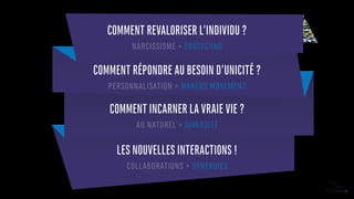 COMMENT REVALORISER L’INDIVIDU ?
NARCISSISME > EGOTECHNO
COMMENT RÉPONDRE AU BESOIN D’UNICITÉ ?
PERSONNALISATION > MAKERS MOVEMENT
COMMENT INCARNER LA VRAIE VIE ?
AU NATUREL > DIVERSITÉ
LES NOUVELLES INTERACTIONS !
COLLABORATIONS > SYNERGIES
 