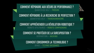 COMMENT RÉPONDRE AUX DÉSIRS DE PERFORMANCE ?
QUANTIFIED SELF > PRÉDIRE
COMMENT RÉPONDRE À LA RECHERCHE DE PERFECTION ?
QUANTIFIED SELF > TRANSHUMANISME
COMMENT APPRÉHENDER LA RÉVOLUTION ROBOTIQUE ?
ROBOTS UTILITAIRES > ROBOTS COMPAGNONS
COMMENT SE PROTÉGER DE LA SUREXPOSITION ?
DISPARITION > HACKING
COMMENT CONSOMMER LA TECHNOLOGIE ?
BINGE > TECHNO RAISONNÉE
 