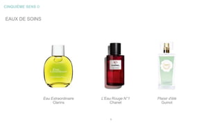 CINQUIÈME SENS ©
EAUX DE SOINS
6
L'Eau Rouge N°1
Chanel
Eau Extraordinaire
Clarins
Plaisir d'été
Guinot
 