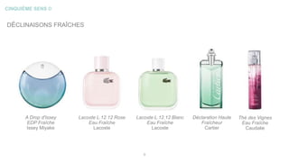 CINQUIÈME SENS ©
DÉCLINAISONS FRAÎCHES
9
A Drop d'Issey
EDP Fraîche
Issey Miyake
Lacoste L.12.12 Rose
Eau Fraîche
Lacoste
Déclaration Haute
Fraîcheur
Cartier
Thé des Vignes
Eau Fraîche
Caudalie
Lacoste L.12.12 Blanc
Eau Fraîche
Lacoste
 