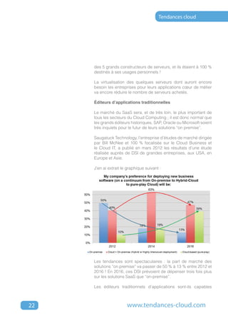 Tendances cloud




     des 5 grands constructeurs de serveurs, et ils étaient à 100 %
     destinés à ses usages personnels !

     La virtualisation des quelques serveurs dont auront encore
     besoin les entreprises pour leurs applications cœur de métier
     va encore réduire le nombre de serveurs achetés.

     Éditeurs d’applications traditionnelles

     Le marché du SaaS sera, et de très loin, le plus important de
     tous les secteurs du Cloud Computing ; il est donc normal que
     les grands éditeurs historiques, SAP, Oracle ou Microsoft soient
     très inquiets pour le futur de leurs solutions “on premise”.

     Saugatuck Technology, l’entreprise d’études de marché dirigée
     par Bill McNee et 100 % focalisée sur le Cloud Business et
     le Cloud IT, a publié en mars 2012 les résultats d’une étude
     réalisée auprès de DSI de grandes entreprises, aux USA, en
     Europe et Asie.

     J’en ai extrait le graphique suivant :




     Les tendances sont spectaculaires : la part de marché des
     solutions “on premise” va passer de 50 % à 13 % entre 2012 et
     2016 ! En 2016, ces DSI prévoient de dépenser trois fois plus
     sur les solutions SaaS que “on-premise”.

     Les éditeurs traditionnels d’applications sont-ils capables



22                     www.tendances-cloud.com
 