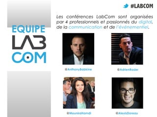 EQUIPE

Les conférences LabCom sont organisées
par 4 professionnels et passionnés du digital,
de la communication et de l’événementiel.

@AnthonyBabkine

@AdrienRosier

@MouniraHamdi

@AlexisDoreau

 