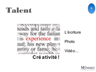 Talent

9

L’é criture
Photo
Vidé o…

Créativité!

 