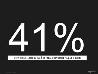41%
DES INTERNAUTES ONT DU MAL À SE PASSER D’INTERNET PLUS DE 3 JOURS

CRÉDOC 2011

 