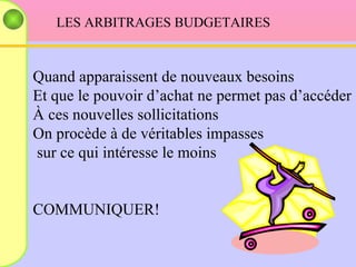 LES ARBITRAGES BUDGETAIRES Quand apparaissent de nouveaux besoins  Et que le pouvoir d’achat ne permet pas d’accéder À ces nouvelles sollicitations On procède à de véritables impasses sur ce qui intéresse le moins COMMUNIQUER! 